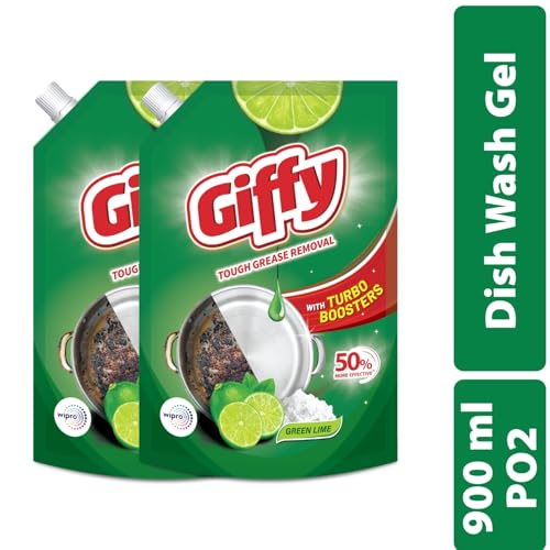 Image of Giffy Liquid Dishwash Gel 900ml(Pack of 2) | Green Lime and Active Salt | 50% More Effective | Tough Grease Removal Expert | Turbo Boosters | Mild fragrance | Removes Tough Malodour | Hand-Safe