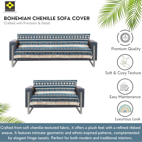 Image of Elegant Woven Turquoise Sofa Cover - Soft Chenille Traditional Pattern with Lace Style | L-Shape Sectional Seat Protector for Living Room | Durable & Stylish Slipcover 3+2 Seater Sofa