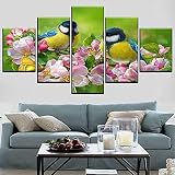QWRTU Tableau Multi Panneau 5 Parties Impression sur Toile Mésange Faune Et Fleur Rose 5 Parties Tableau Salon Moderne XXL Mur Art Affiche,5 Pieces Decoration Murale Salon Decor 150X80Cm Cadre