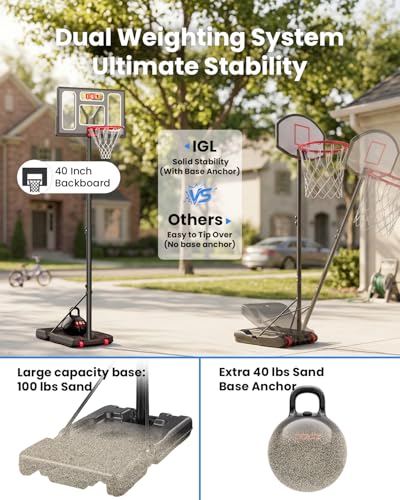 Image of IGL Portable Basketball Hoop, 5.6-10FT Adjustable Basketball Goal System, 40 /44 Inch Outdoor Basketball Hoop & Goals for Kids, Youth, and Adults in The Backyard, Driveway with PC Backboard