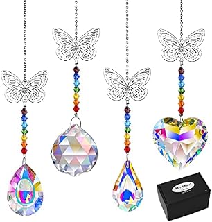 MerryNine 4 PCS Crystal Sunshine Catcher Colorful Heart/ pipa/ Longan/ Crystal Prism Ball+Butterfly Pendant windowsill Rainbow Hanging for Home Garden Window Car Decoration Christmas Tree Decoration