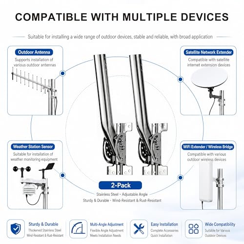Image of Universal Heavy Duty 430 Stainless Steel Antenna Mount Pole - 1.38 inch Dia x 14.6 inch L Mast for Wireless Bridges, Outdoor Antennas, Starlink, Weather Stations & WiFi Extenders, Silver (2-Pack)