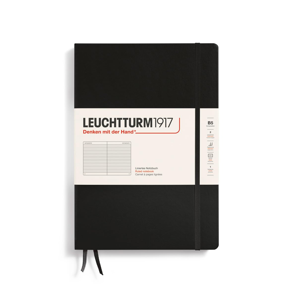 LEUCHTTURM1917 - Notebook Hardcover Composition B5-219 Numbered Pages for Writing and Journaling (Black, Ruled)