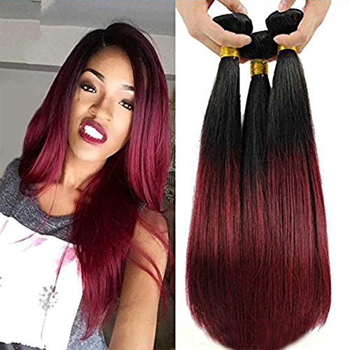 Aigemei Hair Malaysian Ombre Burgundy Hair Extensions Black To Red Straight Weave Ombre Weaves Two Tone (3 Bundles 12 14 16) 50g/Bundle