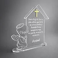 Enfeite de Maternidade Santo Anjo em Acrílico Transparente, Lembrancinha de Batizado, com Cruz Dourada (20cm, Menino)