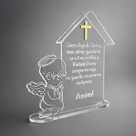 Enfeite de Maternidade Santo Anjo em Acrílico Transparente, Lembrancinha de Batizado, com Cruz Dourada (20cm, Menino)