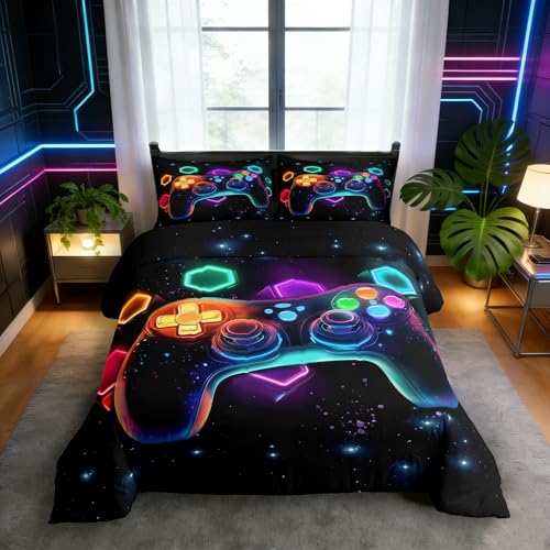 Homewish Gamer Bettwäsche 135x200 Jungen Gaming Bettwäsche-Set für Kinder Teenager Spiele Enthusiast Farbe Gamepad Bettbezug Moderne Modisch Sternenhimmel Gedruckt Spielzimmerdeko Bettwäscheset Weich