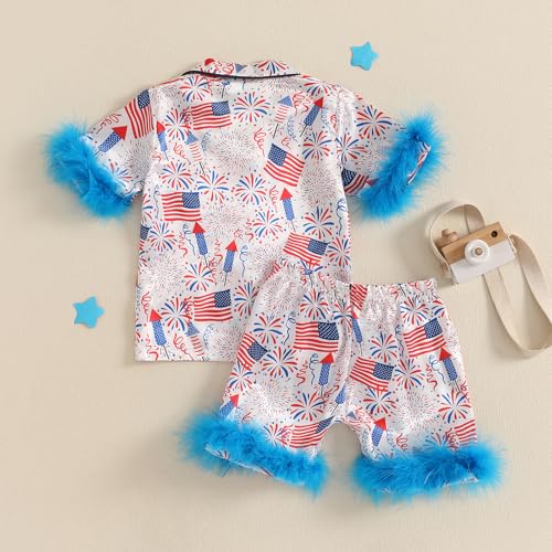 Toddler Girl 4th Of July Pajamas Cute Flag Short Sleeves Button Down Shirt Top Elastic Shorts Sleepwear4