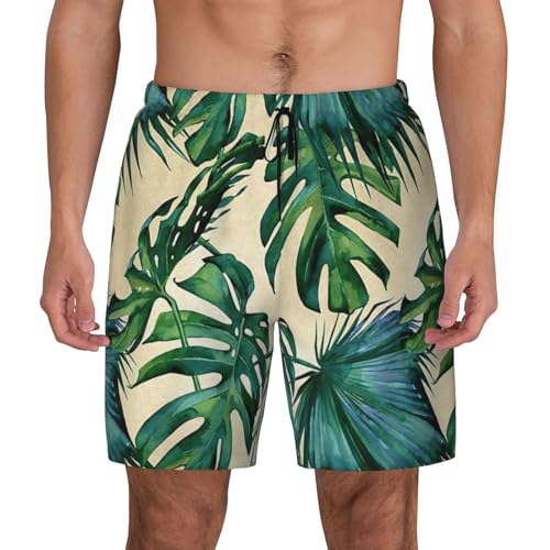 Green Banana Leaves Print Swim Trunks Men Beach Pants Swimwear Beach Shorts with Pockets for Surfing Swimming