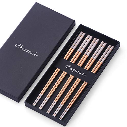 Bisda Reusable Chopsticks Set, Stainless Steel 18/8 Metal Chop Sticks Dinner Kitchen Flatware Utensils Sets of 5 with Gift Box