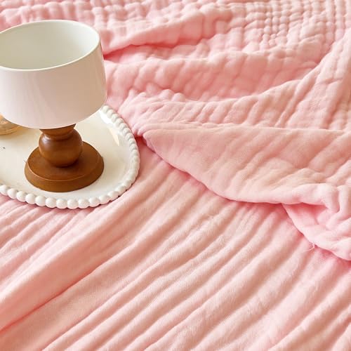 Image of 100% Cotton Muslin Blanket Queen 6-Layer Gauze Pink Bed Blanket Lightweight Soft and Breathable Blanket for Sofa Couch Coverlet Farmhouse Decor Both Sides