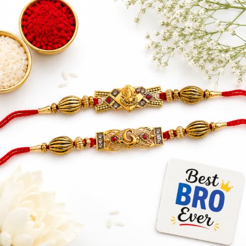Image of eCraftIndia Set of 2 Lord Ganesha and Om Religious Rakhis, Best Bro Ever Fridge Magnet with Roli Chawal Pack - Rakhi for Brother, Bhaiya, Bhai