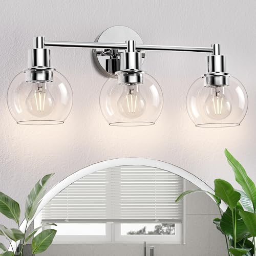 Espird 3 Lights Bathroom Vanity Light Fixtures Chrome, Bathroom Lights Over Mirror, Industrial and Farmhouse 3 Light Wall Sconce, Polished Chrome Globe Vanity Lighting Fixtures