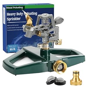 Heavy Duty Metal Pulsating Sprinkler for Yard – 360 Degree Roating Automatic Water Sprinkler for Lawn with Metal Base, Pulsating Impact Sprinklers for Large Area Covers Up to 85‘ Diameter