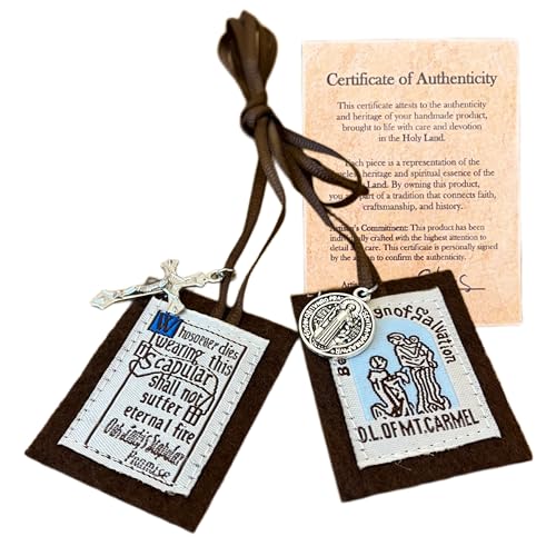 SANCTRA Escapulario Marrón Original de Nuestra Señora del Monte Carmelo, Hecho a Mano y Bendecido en Tierra Santa (Haifa), Collar Católico Signo de Salvación con Certificado de Autenticidad