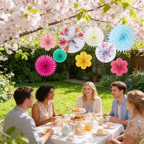Image of SUNBEAUTY Paper Flowers Decorations for Wall Tea Party Decoration Paper Fans Classroom Decoration Paper Floral Backdrop Decor for Valentines Day Mother's Day and Wedding, Set of 9