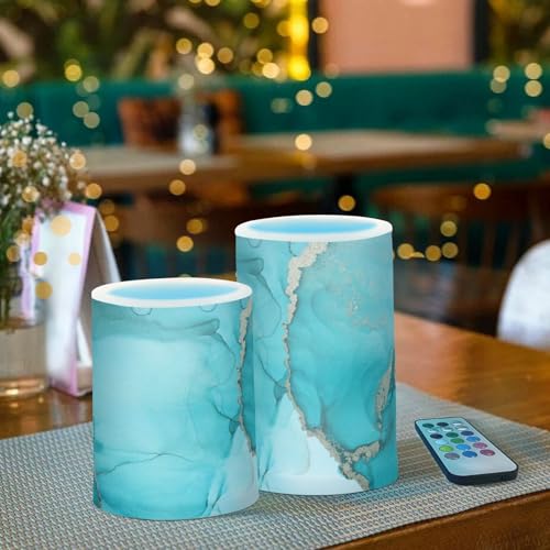 Image of Eionryn Teal Turquoise Marble Texture Flameless Candles Black and Gold Battery Operated LED Candles with Remote Timer Electric Candles for Home Party Decor 2pcs