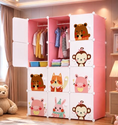 Image of Mevigo Foldable Plastic Wardrobe for Clothes - 12- Door Baby Cupboard for Clothes Storage, Wardrobe for Kids, Plastic Almirah, Collapsible Wardrobe for Kids Livingroom & Home (Pink-KTA1, 12- Door)