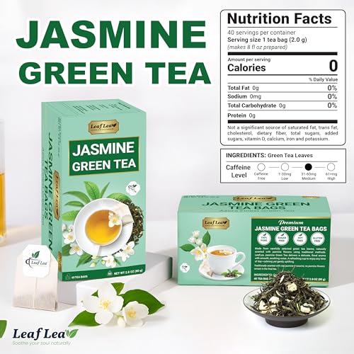 Image of LeafLea Jasmine Green Tea Bags, Light Focus & Daily Balance, 80 Count