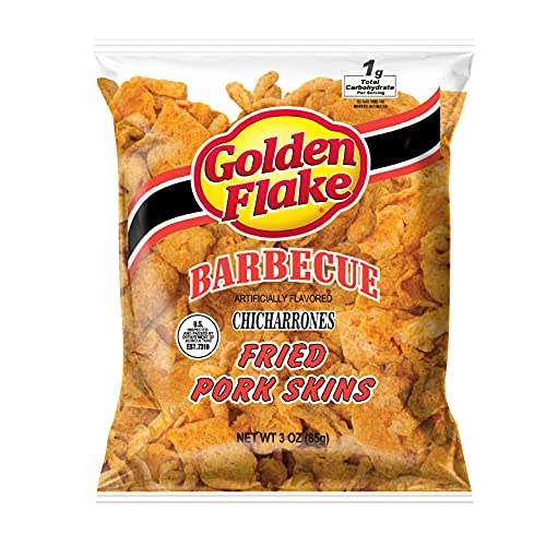 Golden Flake Pork Rinds Barbecue 3 Keto Friendly Snack with Low Carbs Per Serving Light & Airy Skins Seasoning, BBQ, 3 Oz, Pack of 16