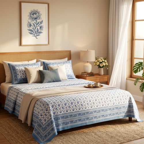 Image of Naksh Queen Size Bed Sheet Cotton | Dusty Blue Lattice Botanical Bedsheet with 2 Pillow Covers | Soft Breathable Blue Printed Bedding Set | Royal Sajawat Collection |