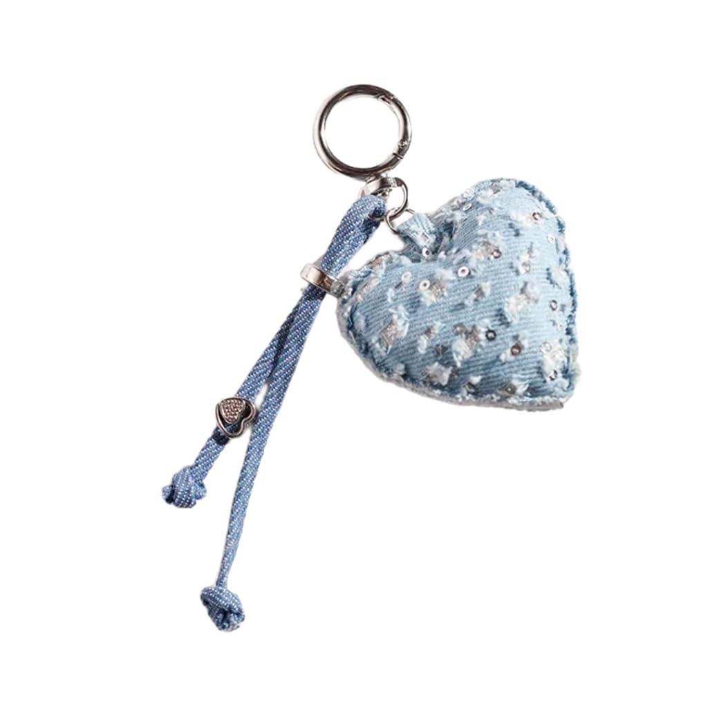Elnwnnkc Lovely Cartoon Denims Heart Keychain for Women Girls Trendy Bag Charm Lightweight