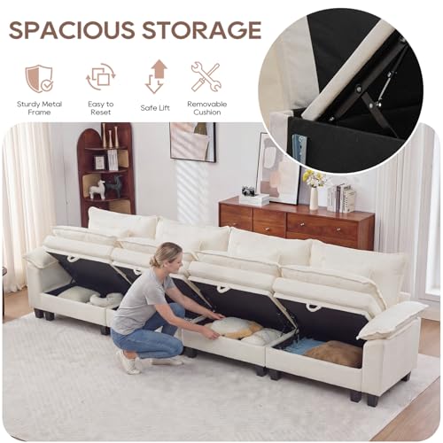 Image of IPKIG 151 inch Modular Cloud Couch with Storage, U Shaped Sectional Sofa with Ottoman & Pillow, Chenille Deep Seat Sectional Couches for Living Room, Apartment, White