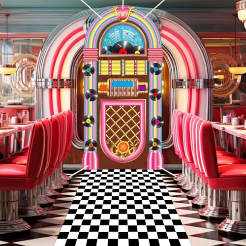 Image of 2Pcs 50s Retro Jukebox Door Cover Back to 1950s Rock Party Drop Decoration 50s Hanging Backdrop with Black White Checkered Runner Rug 1950s Porch Sign Background for Rock Music Retro Birthday Party