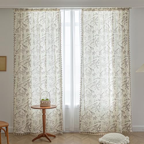 Image of Bird Botanical Curtains 96 Inches Long, Boho Farmhouse Light Filtering Rod Pocket Drapes with Tassel Trim for Bedroom Living Room, 2 Panels