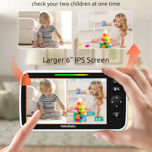 Image of HelloBaby 6 inch Split Screen No WiFi Baby Monitor 2 Cameras & Audio, 30H ECO | Private No-WiFi, 2-Room Monitoring, Night Vision, Easy Setup, 1000ft, PTZ, VOX, ECO, 2-Way Talk, Time, Parents & Caregivers