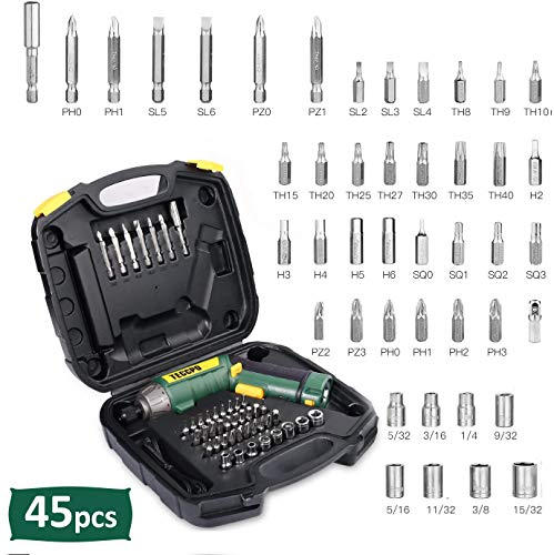Cordless Screwdriver, 45Pcs 6Nm TECCPO Electric Screwdriver, 4V 2000mAh Li-ion, 9+1 Torque Gears, Self-lock Chuck, 2 LED Lights, Adjustable 2 Position - TDSC01P