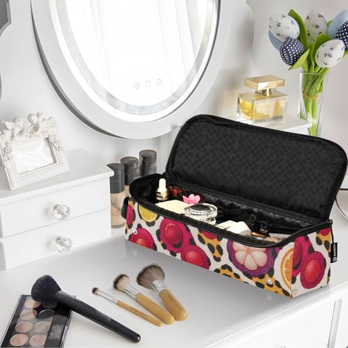 Organizador 2 en 1 para herramientas de cabello con almohadilla resistente al calor, accesorios de peinado removibles para planchas, rizadores, secadores, estuche de viaje con diseño estampado de fruta tropical y leopardo miniatura 7