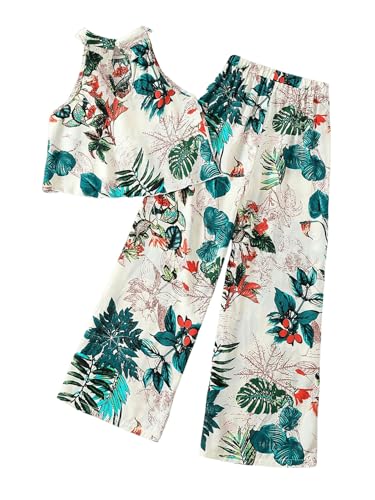 Image of OYOANGLE Girl's Boho 2 Piece Outfits Tropical Print Halter Tank Top and Wide Leg Pants Set Vacation Outfit