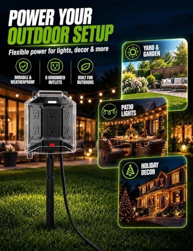 Outdoor Outlet Extender with Stake, 6FT Cord for Christmas Decorations | Weatherproof power strip with 6 grounded outlets, 14AWG cord, full-cover lid, overload protection and night light for patios - image 9