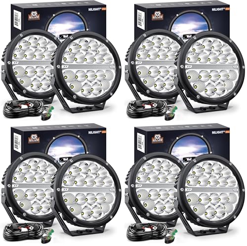 Image of Nilight 7 Inch Round LED Offroad Driving Lights with DRL 2PCS 90W 9850LM IP68 Spot Flood Combo Work Light with 12AWG DT Connector Wiring Harness Kit, 5 Year Warranty (Pack of 4)
