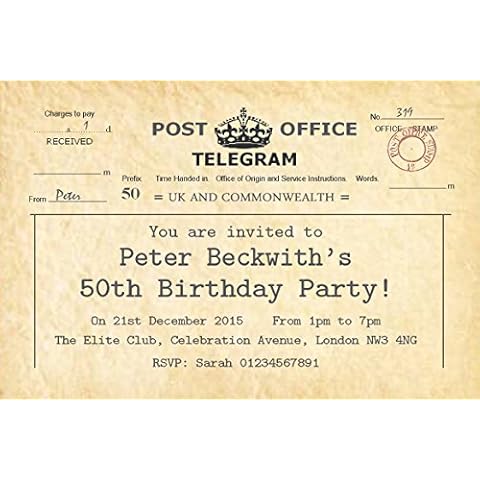 30 Personalised Birthday Party Invitations. Vintage Telegram Invites 18th 21st 30th 40th 50th 60th 70th 80th 90th 100th Birthday. Adult Party Invitations with Free Envelopes Cover