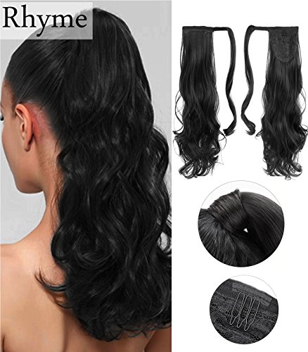Black Ponytail Clip in Hair Extensions Natural Long Curly Wavy Wrap Around Wig 110g 20” by Rhyme - Drawstring Tie Up Pony Tail Hair piece For Women Girls Lady