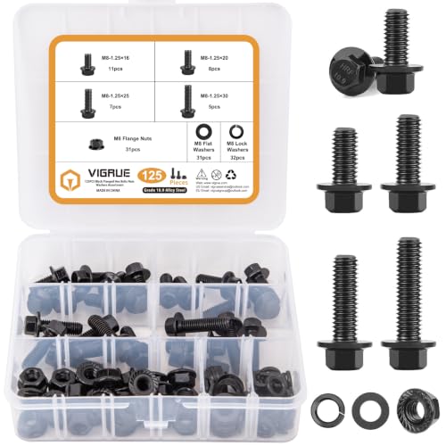 Image of VIGRUE 125PCS M8-1.25 x 16 /20 /25 /30mm Hex Flange Bolts Nuts Washers Kit, Metric Bolt and Nut Assortment, Black Assorted Nuts and Bolts, Full Coarse Thread, Class 10.9 Alloy Steel