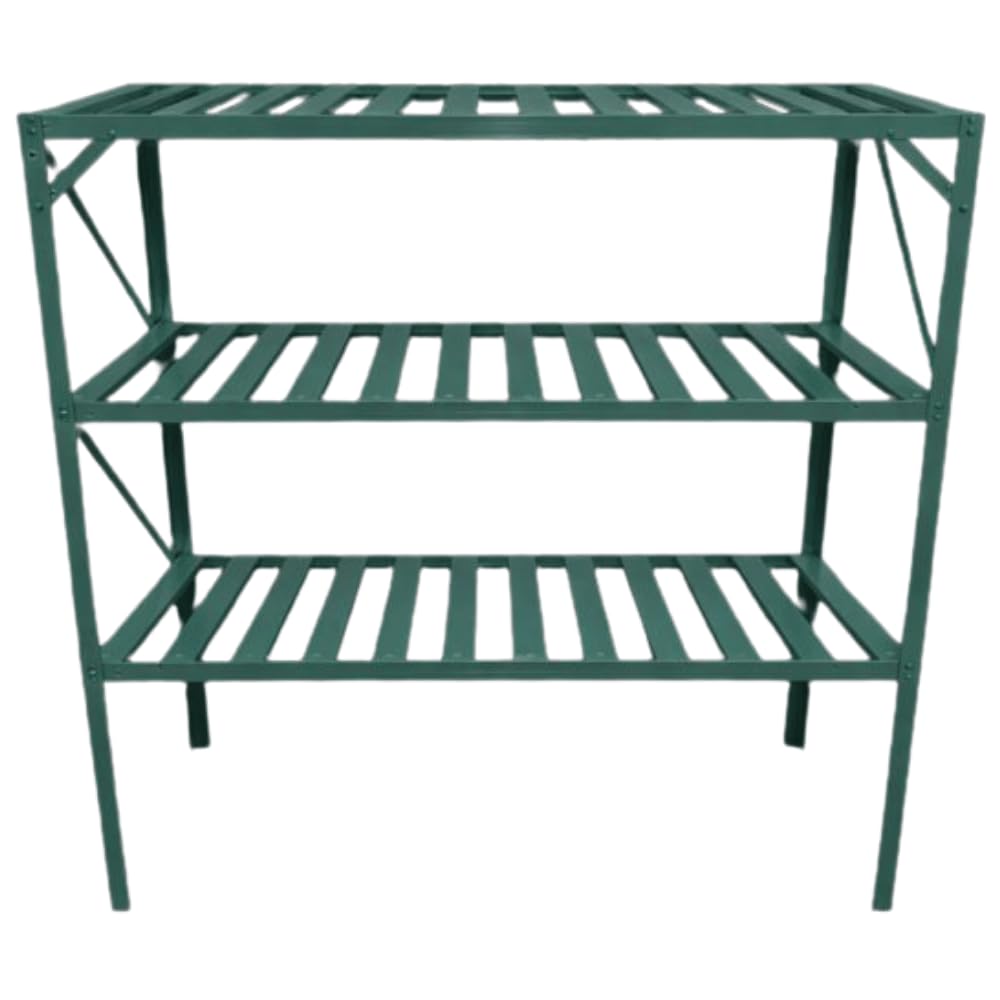 Greenhouse Staging Shelving Aluminium With Steel Legs Free Standing 1 2 Or 3 Tier Green Or Silver (Green - 3 Tier Staging Bench)