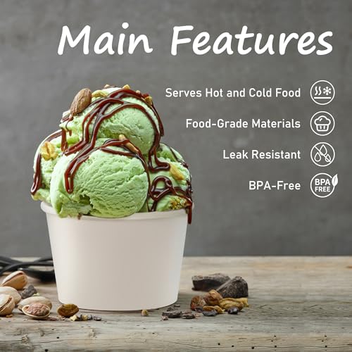 Image of ESSENTIAL Paper Ice Cream Cups, 50 Pcs 8oz Paper Snack Bowls | Disposable Dessert Bowls (No Lids) for Hot or Cold Food, Paper Snack Containers for Sundae, Frozen Yogurt, Soup (White)