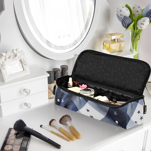 Bolso de Viaje para Herramientas Capilares para Mujer con Alfombra Resistente al Calor, Organizador de Gran Capacidad para Planchas de Pelo, Rizadores y Secadores, Estampado Indigo Gingham con Campana de la Libertad miniatura 7