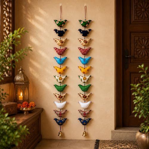 Image of Bindian Handcrafted Rajasthani Wind Chime with Bells, Multicolour, 72x23 cm, Traditional Wall Hanging for Home, Garden & Balcony (Bird Pack of 2)