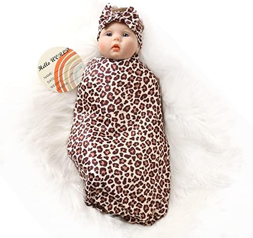 Bayceen Stretchy Swaddle Blanket for Newborns Baby Girl Swaddle and Headband Set Receiving Blanket 35 x 35 inches, Leopard Print Swaddle Set (Leopard)