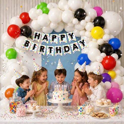 Image of Rozi Decoration Happy Birthday Decoration Kit 47 Pcs with Banner, White, Black & Multicolor Balloons for Adults and Kids Birthday Parties Decoration Items
