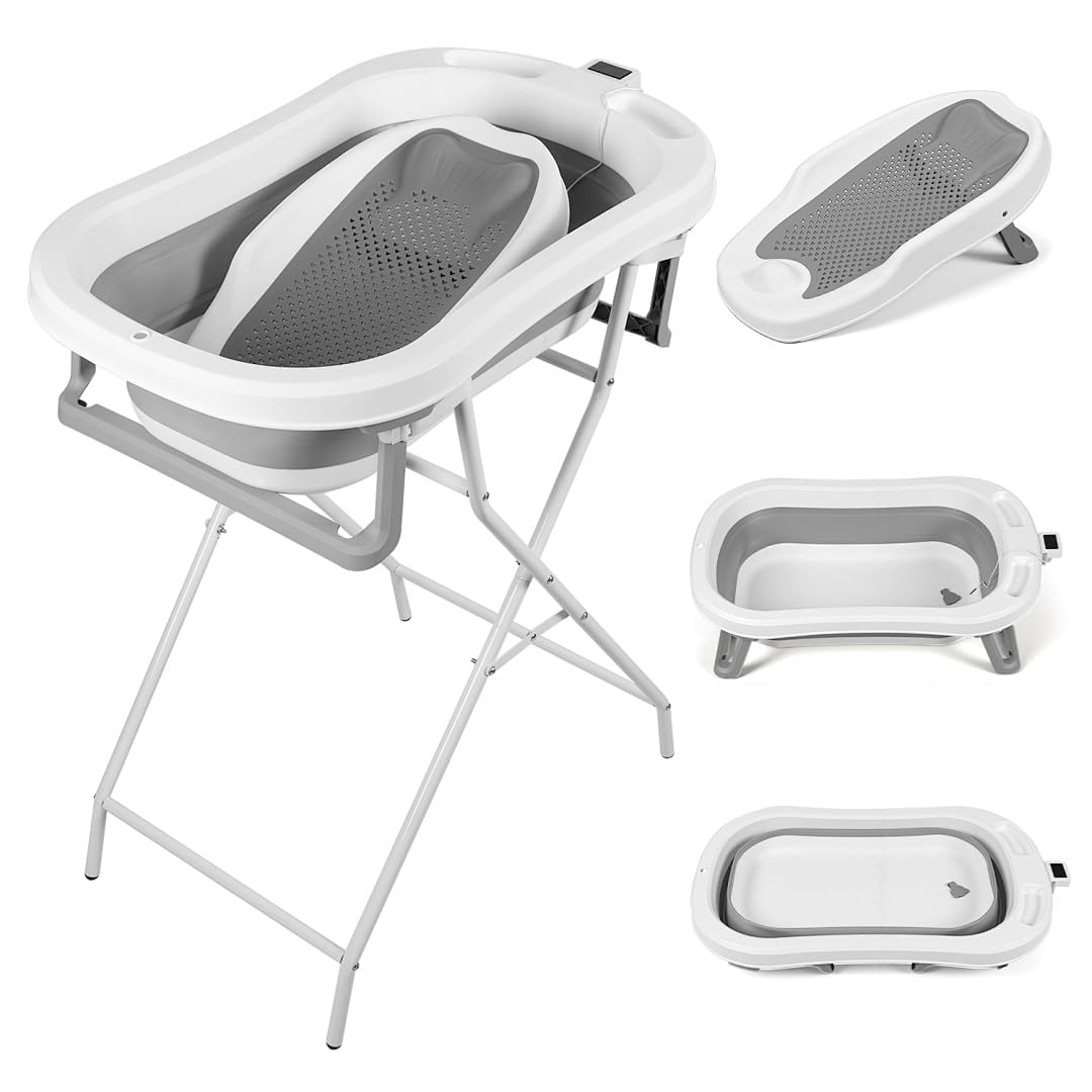 Bañera plegable para bebés con estructura y térmica, color gris con asiento de baño y termómetro extraíble, ahorra espacio, plegable para recién nacidos de hasta 3 años