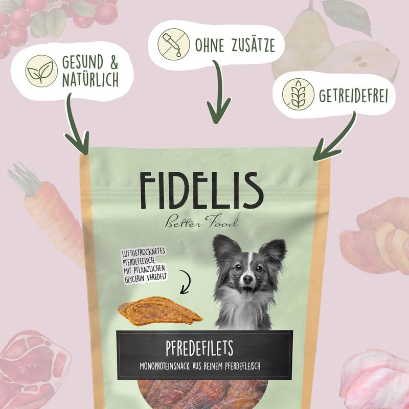 Fidelis - Pferdefilet Streifen für Hunde 100gr - Luftgetrocknete Leckerlis aus 100% Natürlichen Rohstoffen - Snack für Zwischendurch