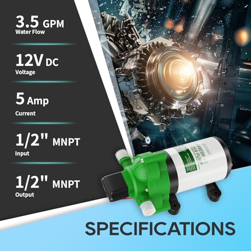 RVGUARD 12V DC Self Priming Water Pump, 3.5 GPM 45 PSI, Green Plastic Diaphragm Pump with Strainer Filter, Adapters, for RV, Yacht, Garden, Camper - Thumbnail 2