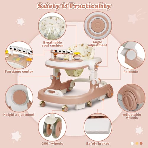 Image of Baby Walker with Wheels, 4 in 1 Foldable Baby Walkers for Boys Girls 6-18 Months, 3 Level Height Adjustment with Bouncing, Feeding Tray & Music, Baby Walker with Activity Center, Toddler Push Walker