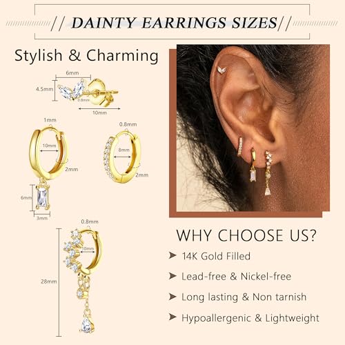 Small Gold Dangle Earrings for Women - Hypoallergenic 14K Gold Plated Huggie Hoop Earring Studs Stack Set Dainty Drop CZ Pearl Surgical Stainless Steel Jewelry with Charm2