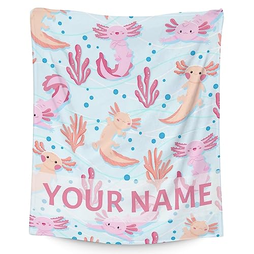 Girl Blanket - 40x50 Inches Personalized Cute Axolotl Throw - Light Blue Soft Fuzzy Blankets for Bed, Couch & Living Room